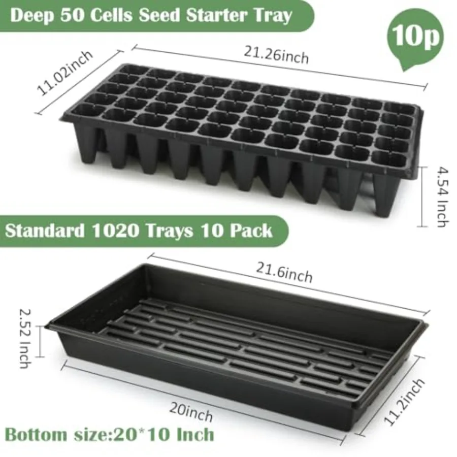 10 Pack 1020 Trays 10 Pack 3.5 Deep 50 Cell Seed Starter Trays, 20 x 10 Durable Black Plastic Nursery Flats for Microgreens, Se