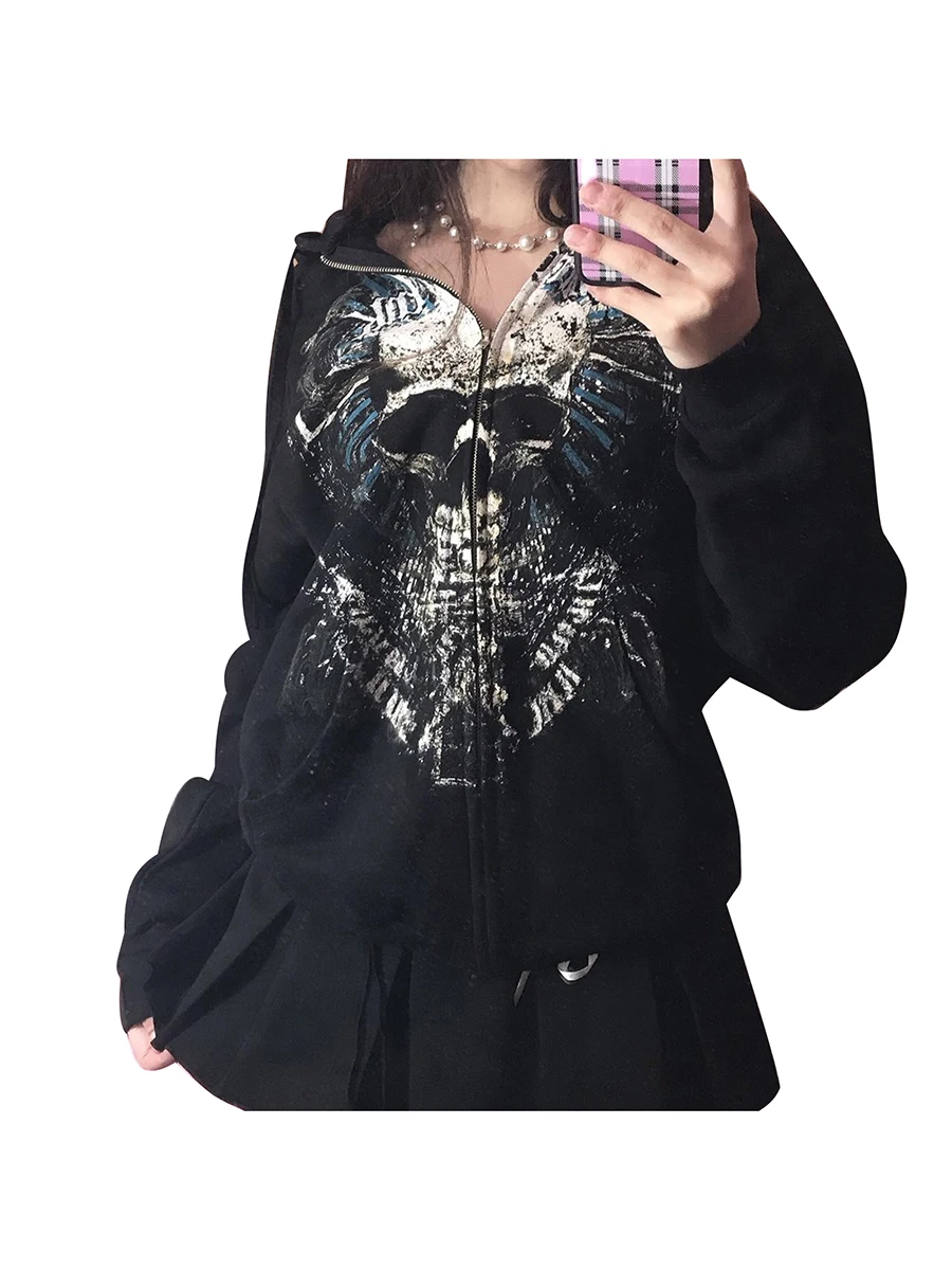 Women Hooded Sweatshirt Adults Casual Skull Print Long Sleeve Cardigan with Pockets