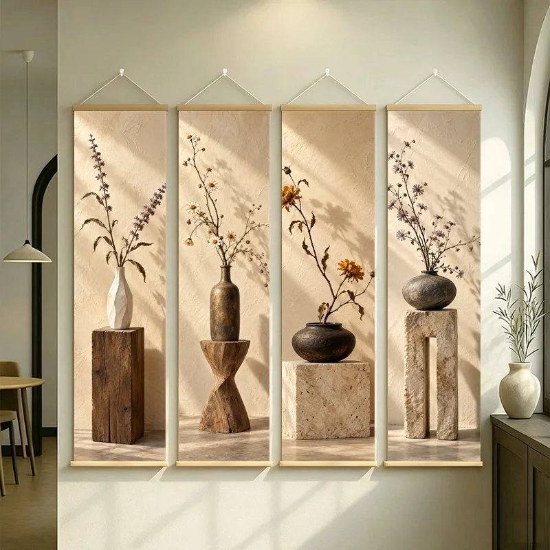 Wall Art Dried Daisy and Dried Calendula, Wabi-Sabi Silver Shimmer Canvas Hanging Scroll for Peaceful Japandi Living Room