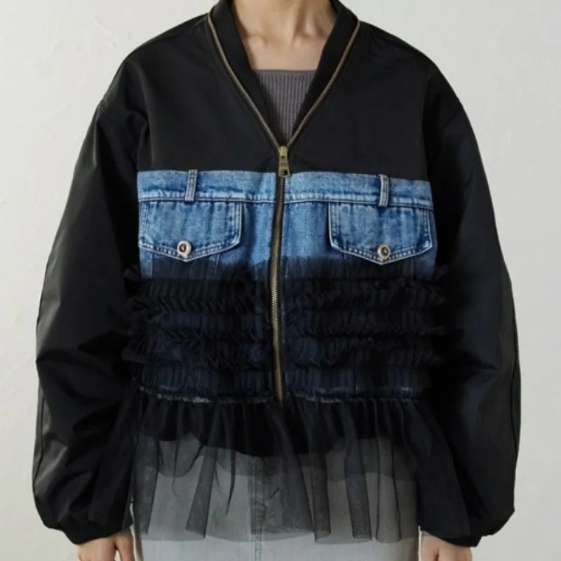 

Женская короткая джинсовая куртка с застежкой-молнией 2025 года, черный кардиган с длинными рукавами, бейсбольное джерси, пальто, женские топы Женская Куртка