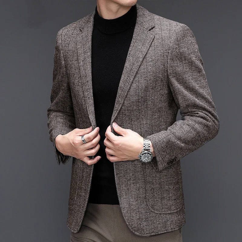 

KIDWHXR Man Suit Coat Non-ironing Striped Turn Down Collar Male Outerwear Slim Long Sleeve Pocket Business Casual Men Blazer