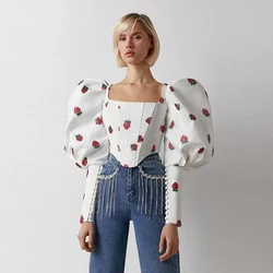 New Fashion Strawberry Embroidery Women Tops Unique Square Collor Tulle Satin Female Blouse Puff Long Sleeves Top Custom Made