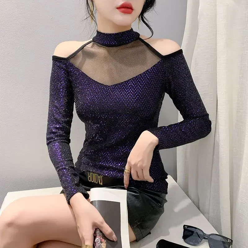 

Luxury Chic Mesh Patchwork Hollow Out Shiny Sequins T-Shirt Slim Sexy Tops Women Clothing Bottom Shirts Spring Autumn Outerwear