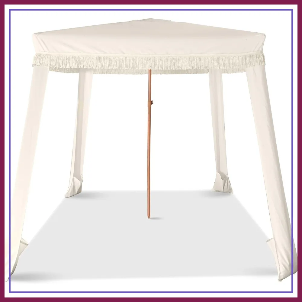 

6x6 Ft Beach Cabana with Fringe, Portable Sun Shade Canopy Tent for Sand, Carry Bag & Sandbag Pockets