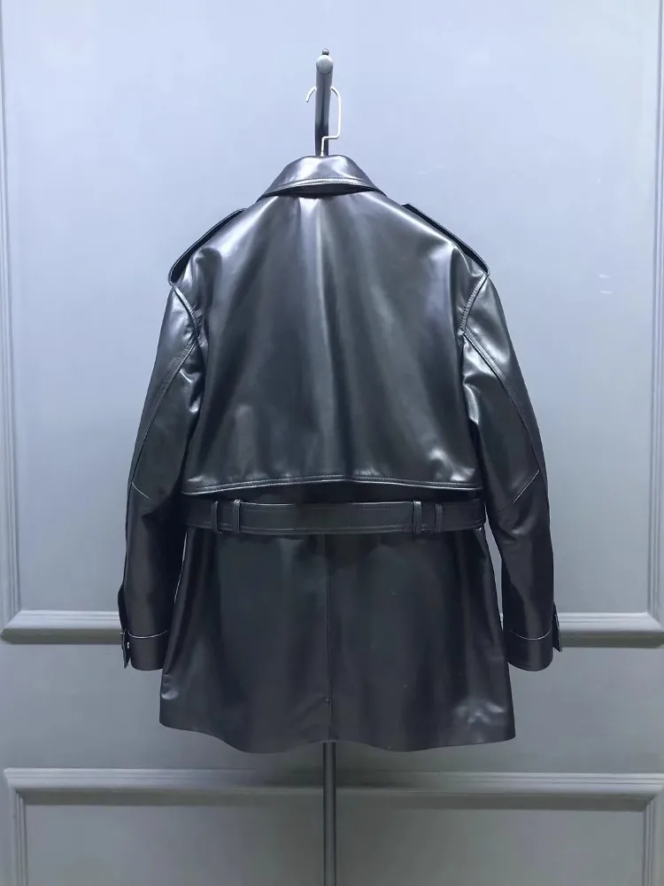 Frühling Herbst Retro Einreiher Gürtel Frauen Jacke Tasche Turndown Kragen Mantel Arbeit Dame Slim Fit Echt Schaffell Windjacke