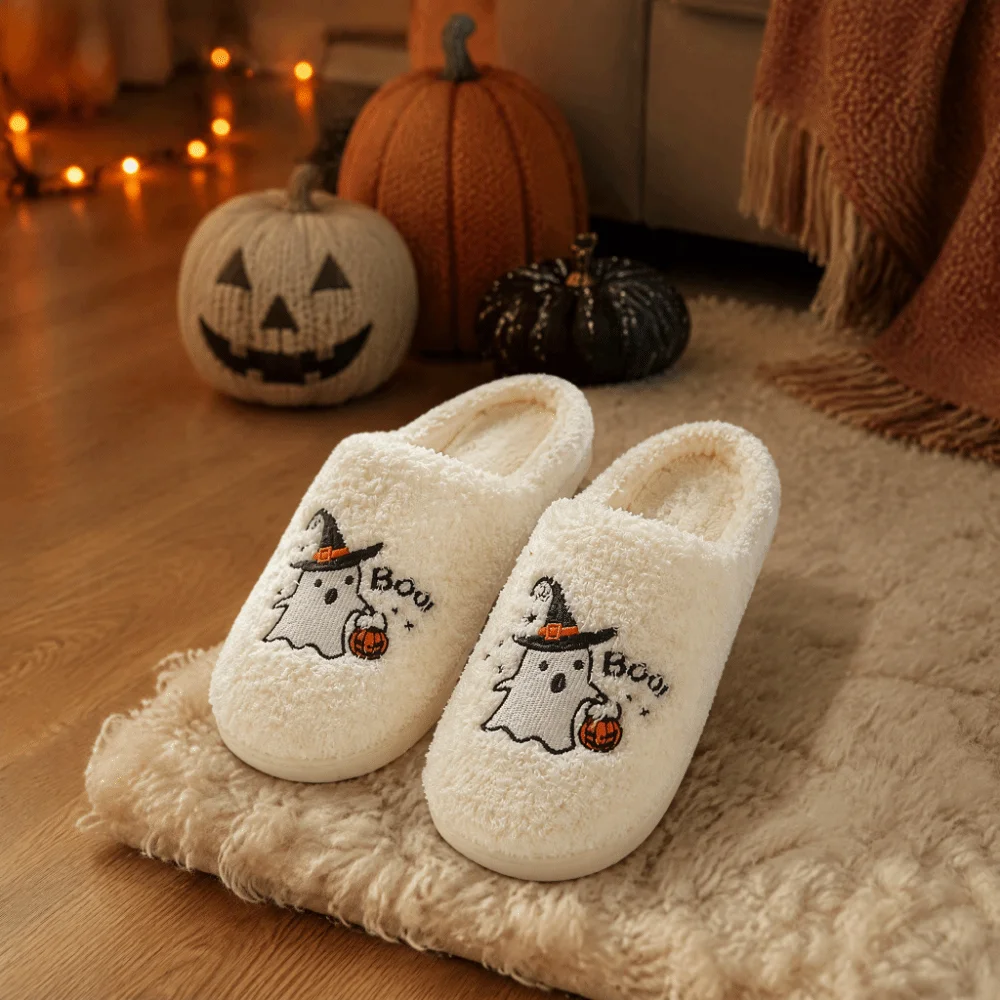 Non-Slip Soft Halloween Plush Slippers Cute Warm Ghost Pumpkin Slippers Lovely Thick Sole Winter Fluffy Slides Halloween view 3
