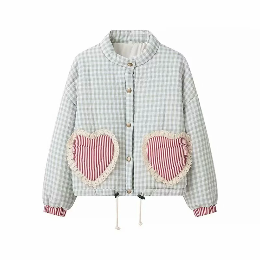 Red Green Black Three Color Round Neck Long Sleeves Heart Pocket Design Bottom Drawstring Women Loose Sweet Checked Coat ZATAF