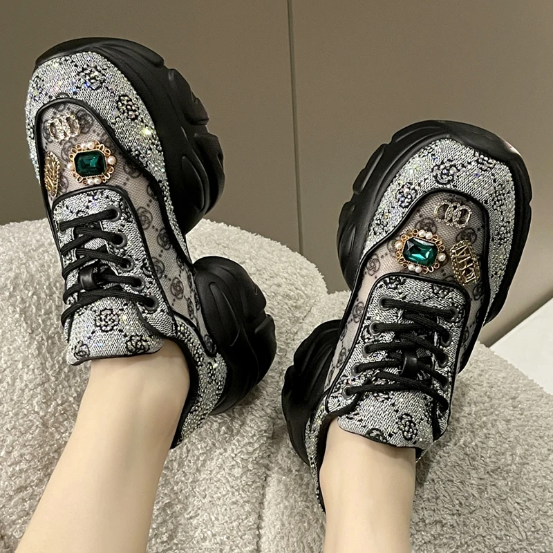 Women Luxury Shoes Vulcanized Sneakers Bling Rhineston Wedges Thick Bottom Platform Lace Up Comfortable Casual Shoe For Female