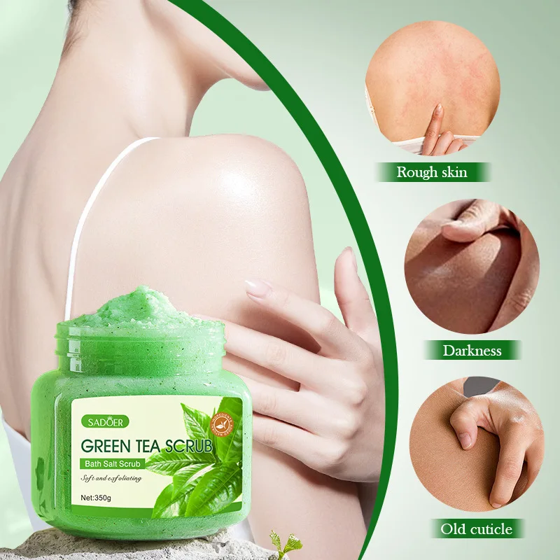 Green tea exfoliating and cleansing body scrub, removes dead skin, moisturizes and brightens the skin, deeply cleanses