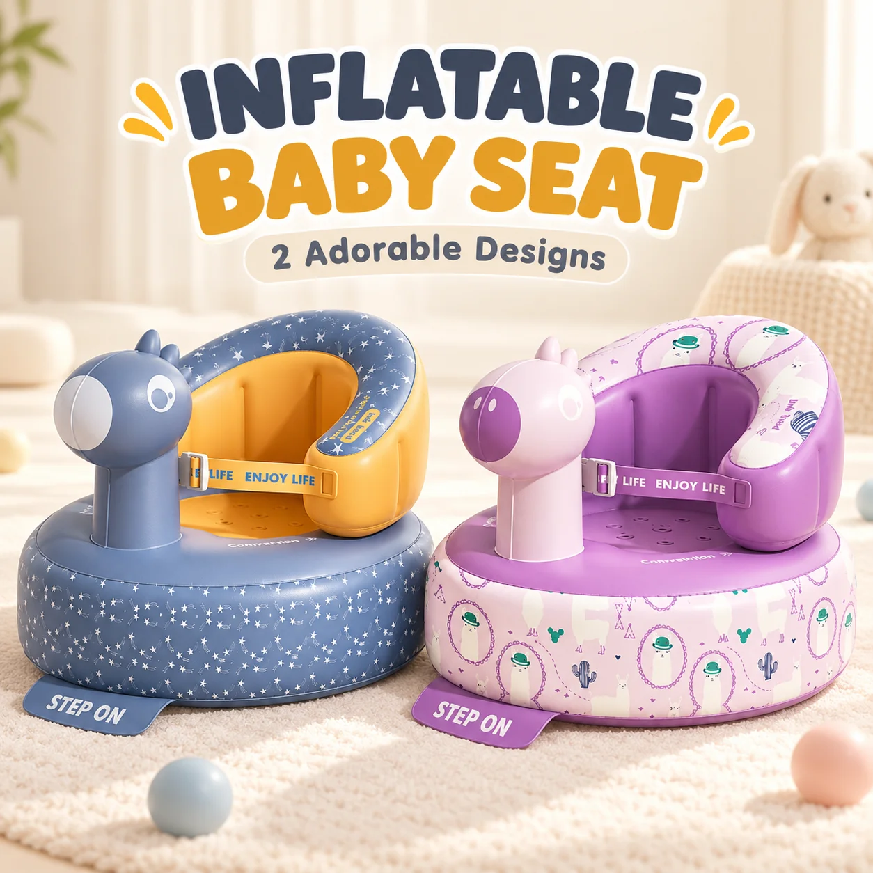 1PC Inflatable Baby Sitting Chair Built-in Pump Portable Infant Floor Seat with Back Support and Safety Belt Animal Design
