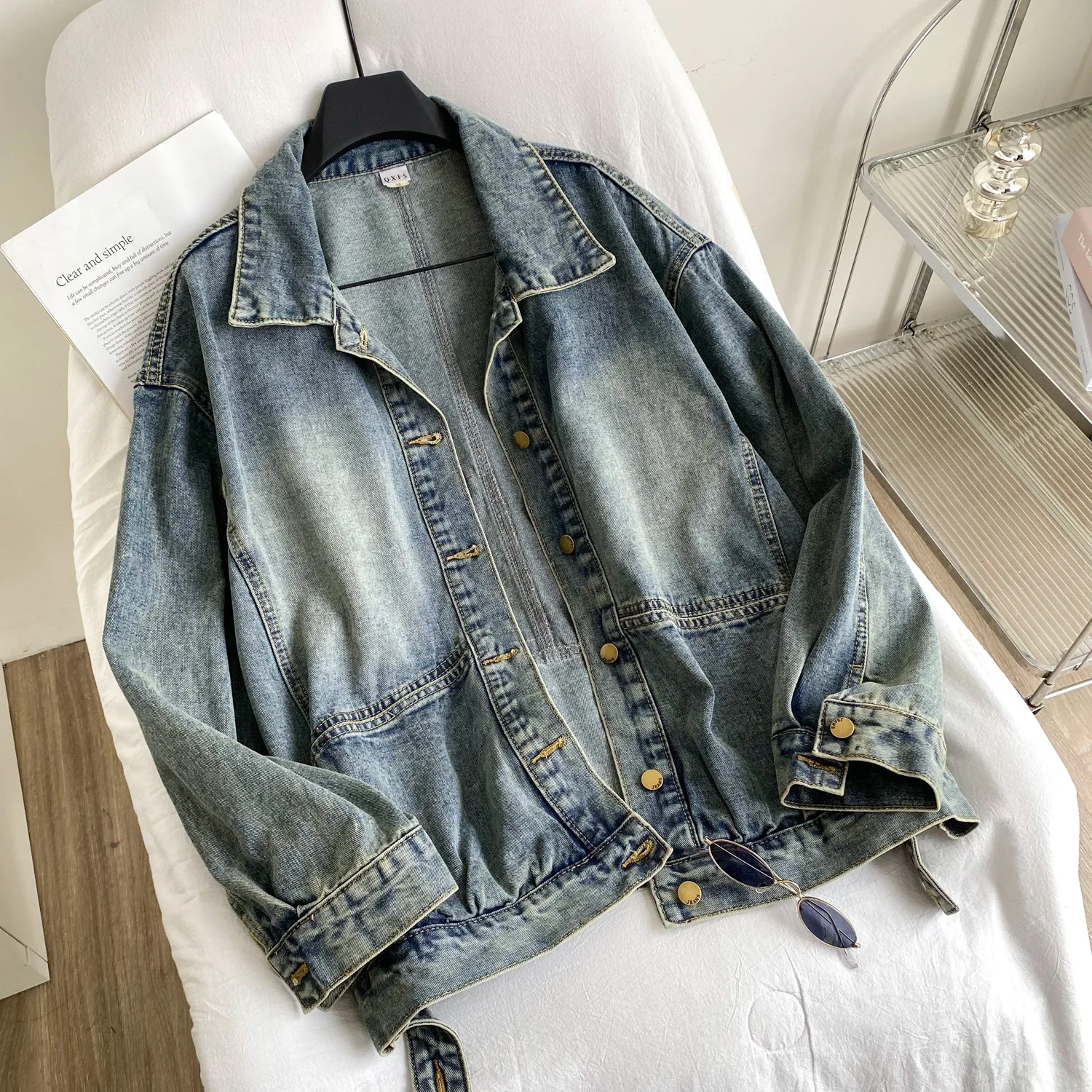 

Coat Women Denim Coats Turn Down Collar Y2k Streetwear Jackets Work Casual Loose Elegant Splice Jacket 2025 Autumn Winter