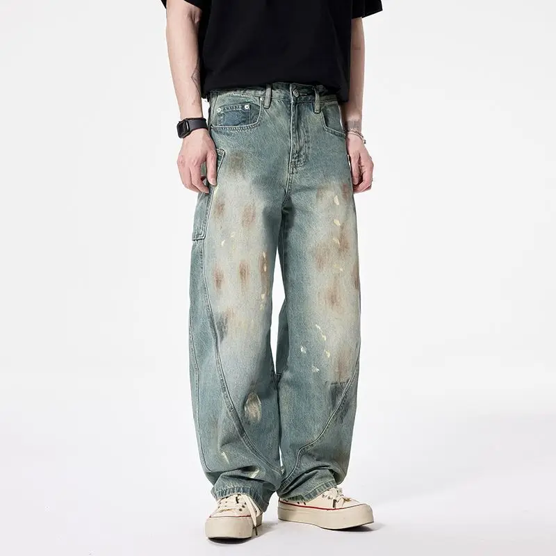 American retro washed distressed graffiti jeans loose casual wide leg straight leg pants cargo pants men fall guys baggy jeans