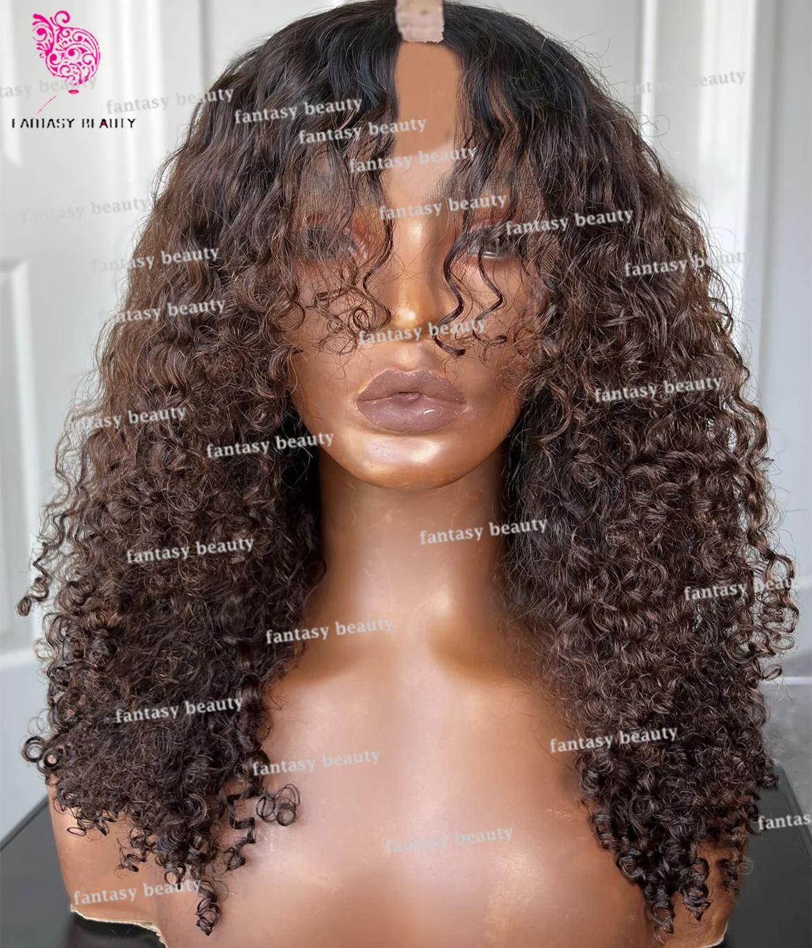 

Ombre Chocolate Brown V Part wig Women kinky Curly wig 100% Human Hair wig 1 x 4 Open Lace Black U Part wig 250 density full end