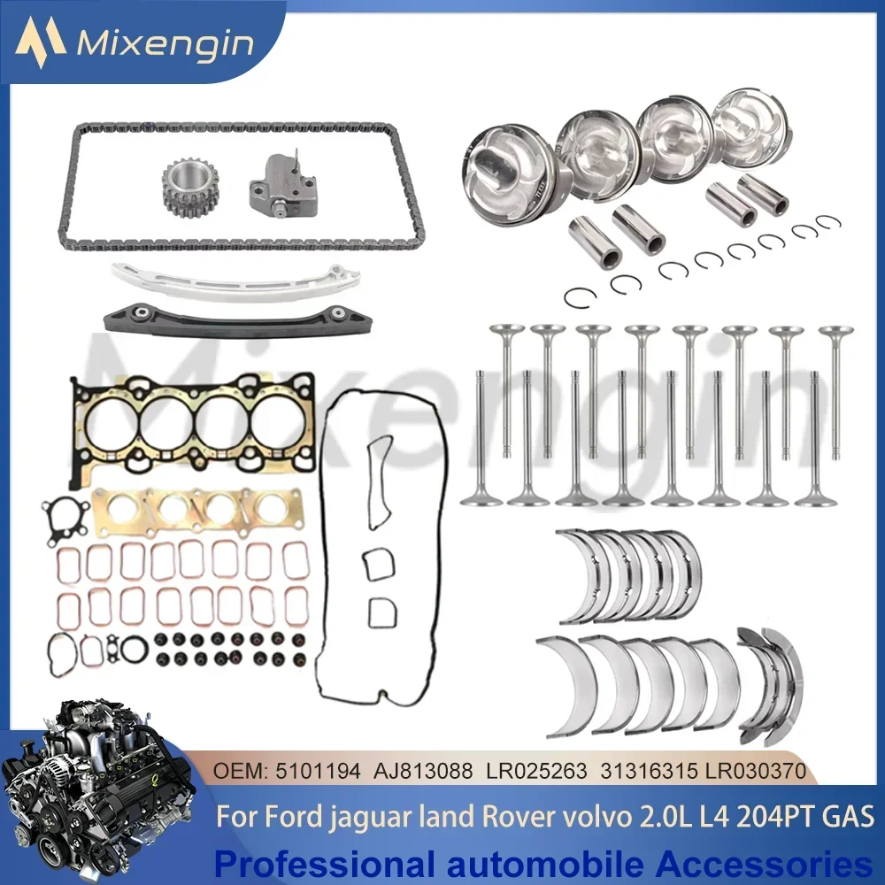 Timing Chain Kit 4Pcs Pistons & Rings Full Gasket Set valve For 2.0 L L4 GAS Ford Focus Land Rover Jaguar Volvo 204PT 2010-2020