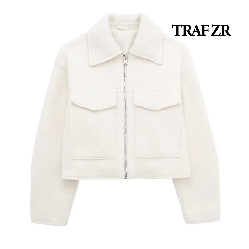 TRAF ZR Lady Jackets Solid Woolen Cropped Coat Ladies Fashion Vintage Women's Autumn Coat Elegant and Pretty Women's Coats