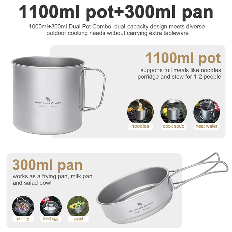 Boundless Voyage Titan-Topf- und Pfannenset mit Klappgriffen Camping-Kochgeschirr Outdoor-Kochset Ti2053C – Detail 3
