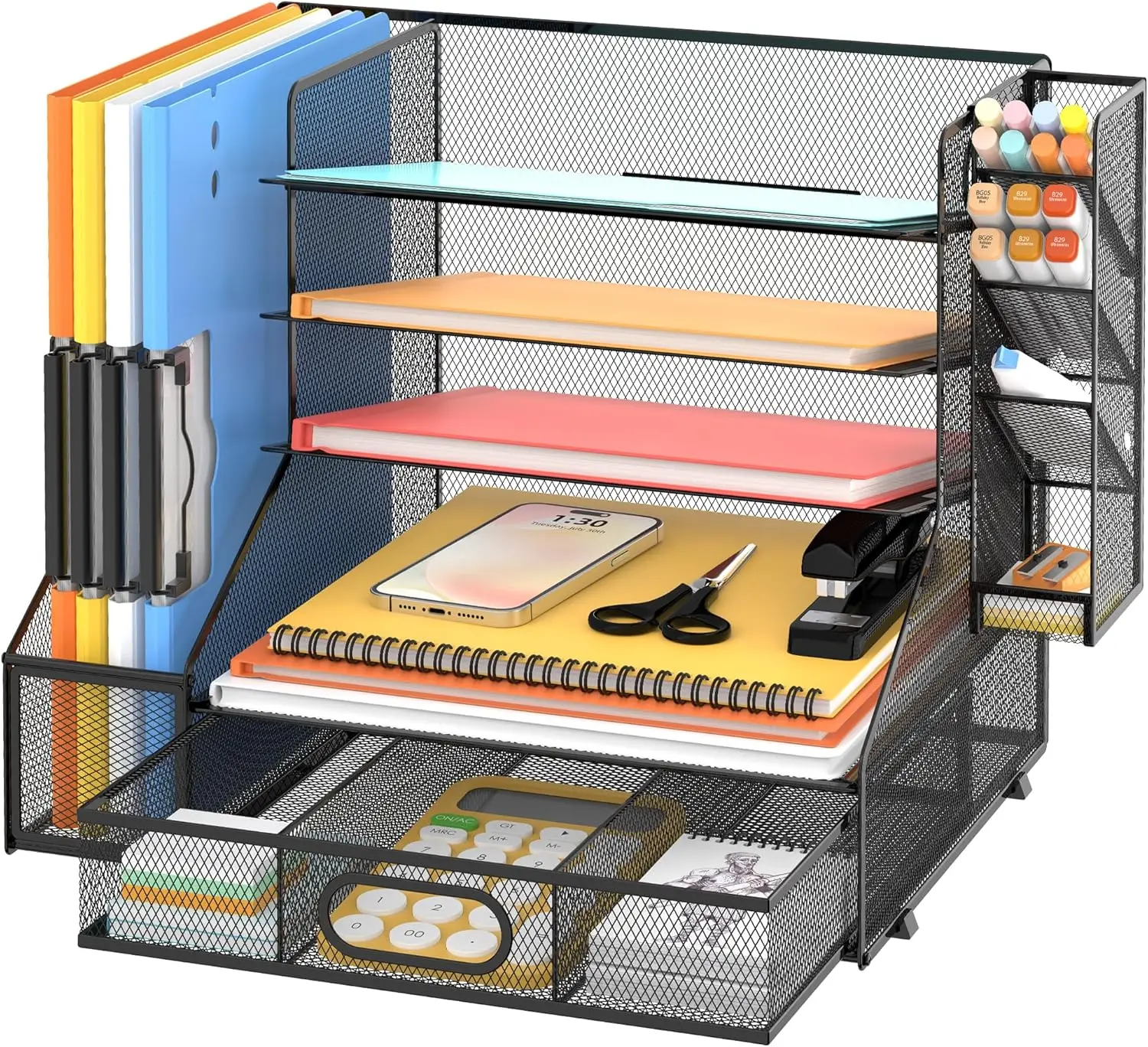 

5-уровневый сетчатый органайзер для стола с держателем для файлов, подставкой для ручек и выдвижным ящиком для офисных принадлежностей и хранения на рабочем столе
