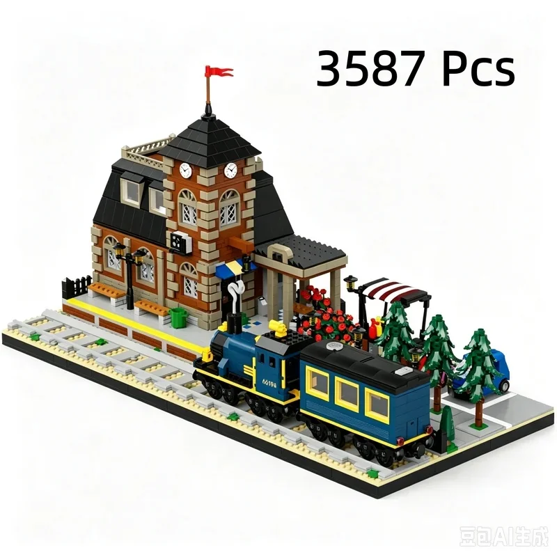 66194 European Steam Train Station Building Blocks Retro Clock Tower Street View Model Desktop Display DIY Assembly Bricks Toy