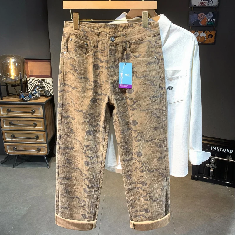 New trendy retro Amber camouflage casual jeans for men fashionable and loose High Street ruhandsome straight leg pants