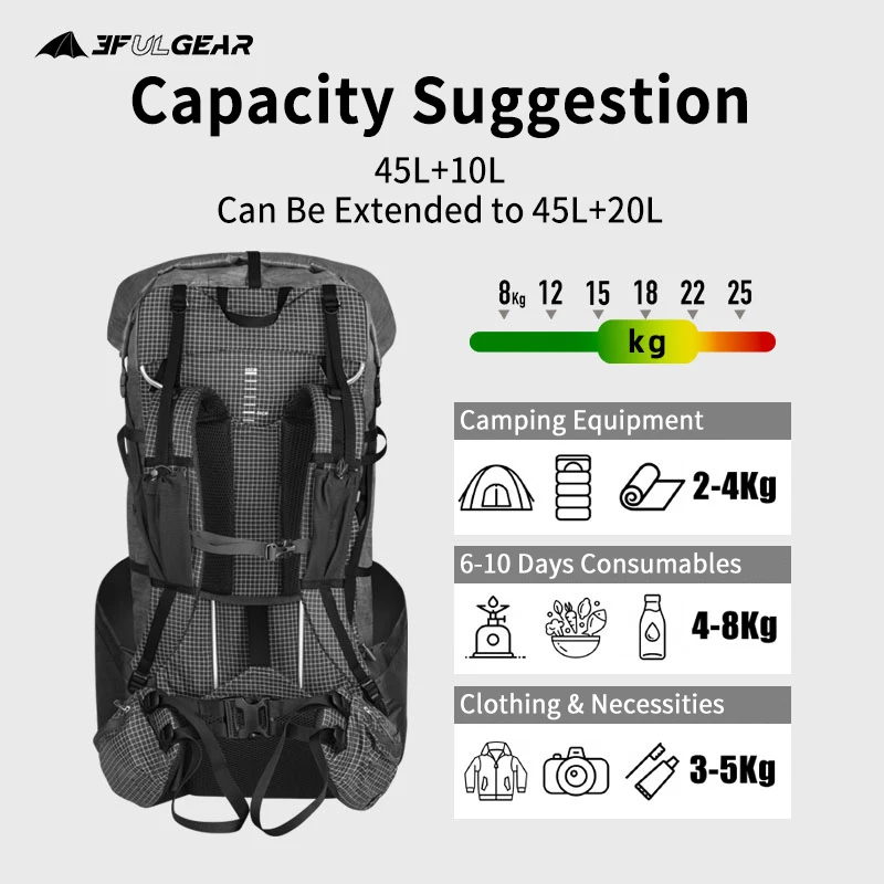 

3F UL GEAR 45+10L YUE Camping Outdoor Ultralight Backpack Women/Men Sport Bag X-PAC Breathable Bag Rucksack Adjust System