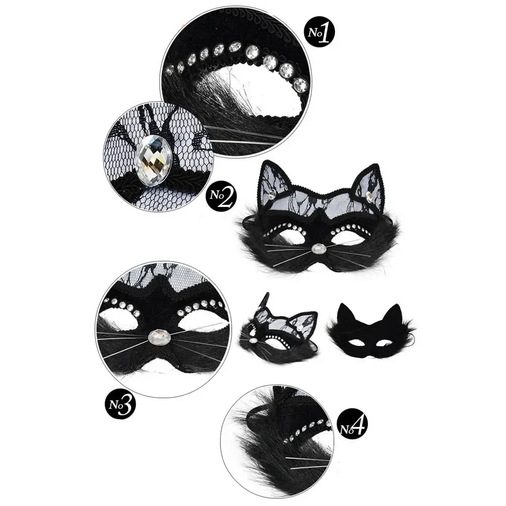 Maschera per gatti sexy in pizzo nero Maschera per occhi in maschera veneziana Festa di Natale Cosplay Copricapo per ragazze da donna Maschera fantasia di Halloween