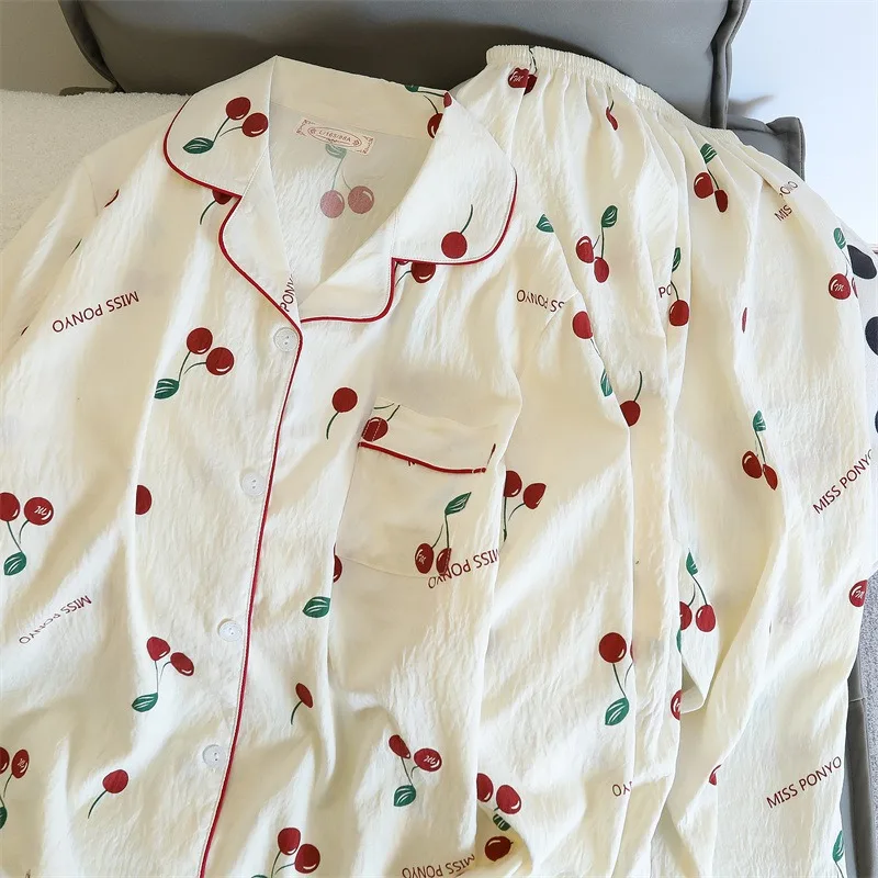 بيجامة كورية عصرية على الطراز المنزلي ملابس غير رسمية مطبوعة مكونة من قطعتين، بيجامة خريفية تشبه القطن سراويل نسائية ومجموعة علوية، بيجامات.