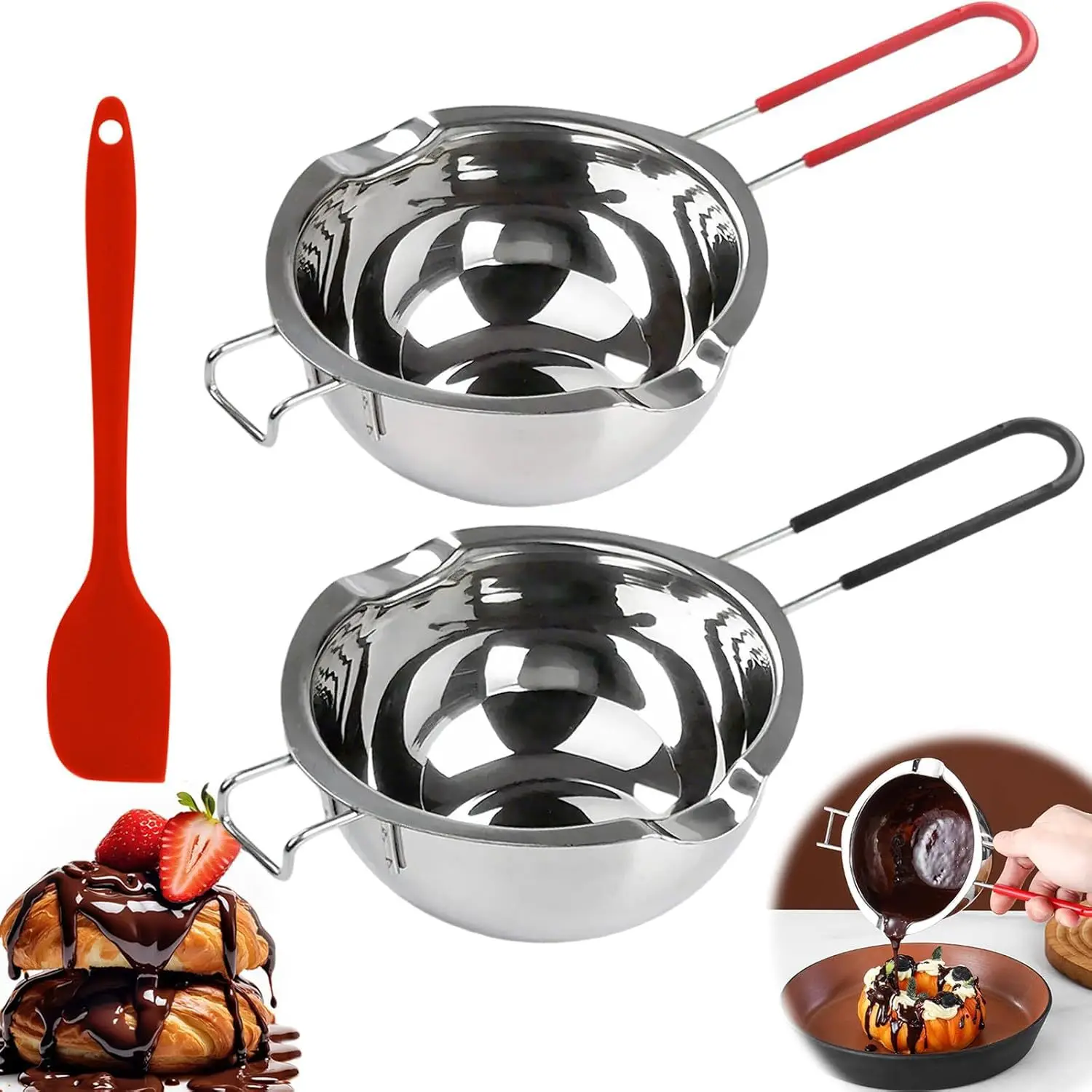 

【3-Piece Set】2x480ml Stainless Steel Melting Pots + 1 Spatula, 304 Grade Chocolate Melter for Baking, Candy Making, DIY Desserts