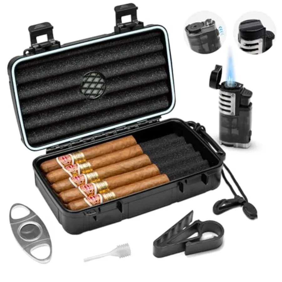 

Fla Travel Cigar Humidor Case - Portable Humidor Kit with Lighter Without Gas,Cutter, Holder, Humidifier Dropper, Waterproof, C