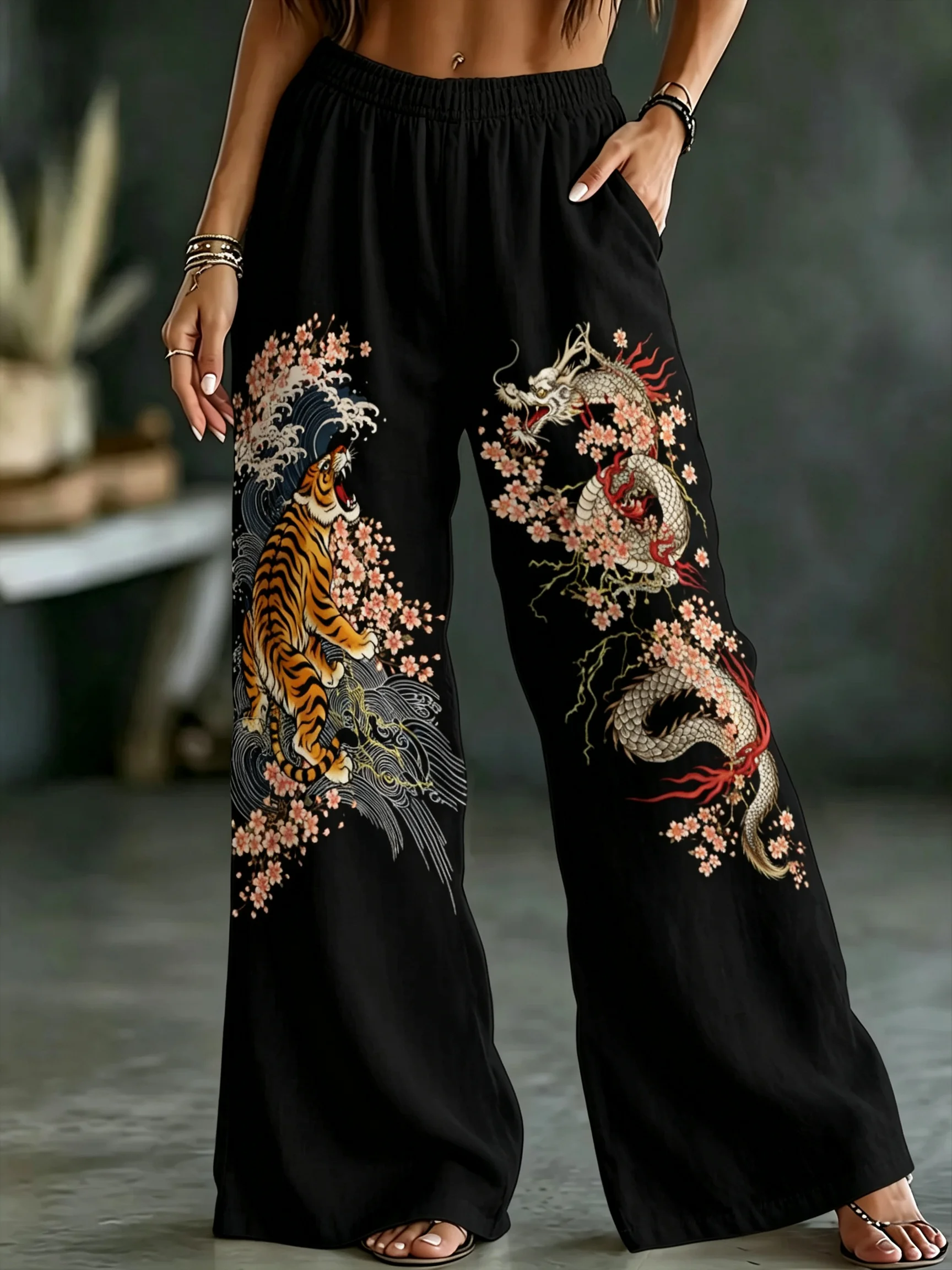 New Arrival Sakura Oriental Art Print Unisex Jogger Straight‑Leg Pants for Streetwear Hip Hop Festival Daily Casual Outfit