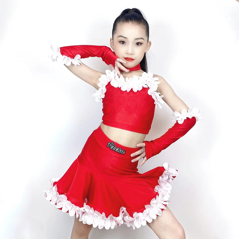 

2024 Children Latin Dance Performance Costumes For Girls Red Sleeveless Tops Split Skirts Suit Samba Chacha Latin Wear DN18317