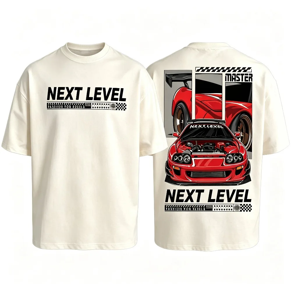 2026 New Men JDM Drift Racing T-Shirt Red Back Print Drop Shoulder Breathable Polyester Streetwear Tee