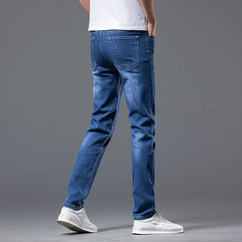 Spring Summer Men Jeans Solid Pockets Stretch Denim Straight Pants Business Casual Trousers Daily Streetwear Men's Clothing