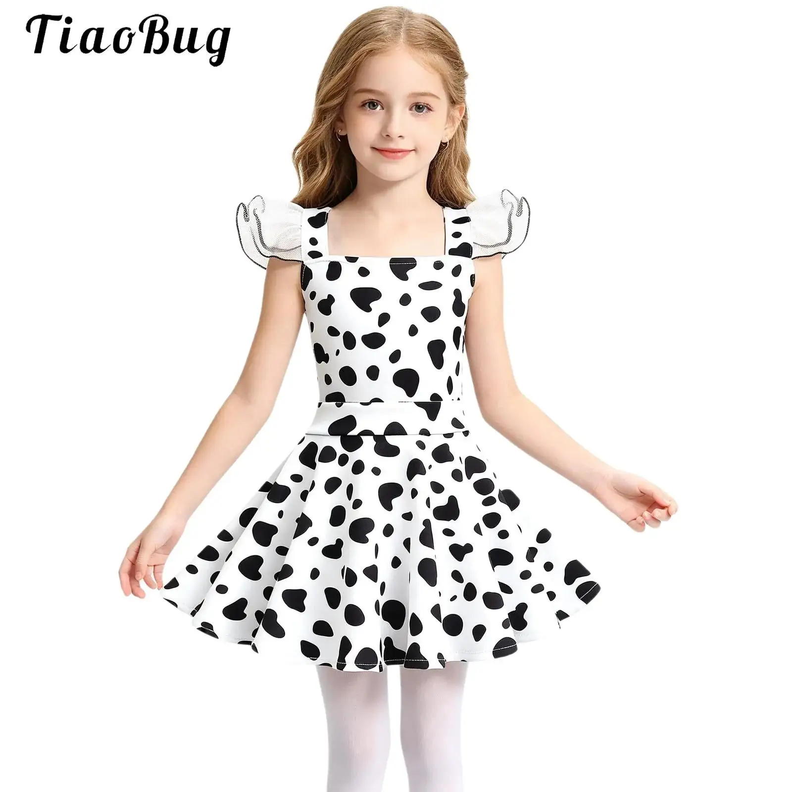 Kids Girls Dalmatian Spotted Dog Costume Polka Dot Mesh A-line Ballet Princess Dress Halloween Movie Character Fancy Dress Up