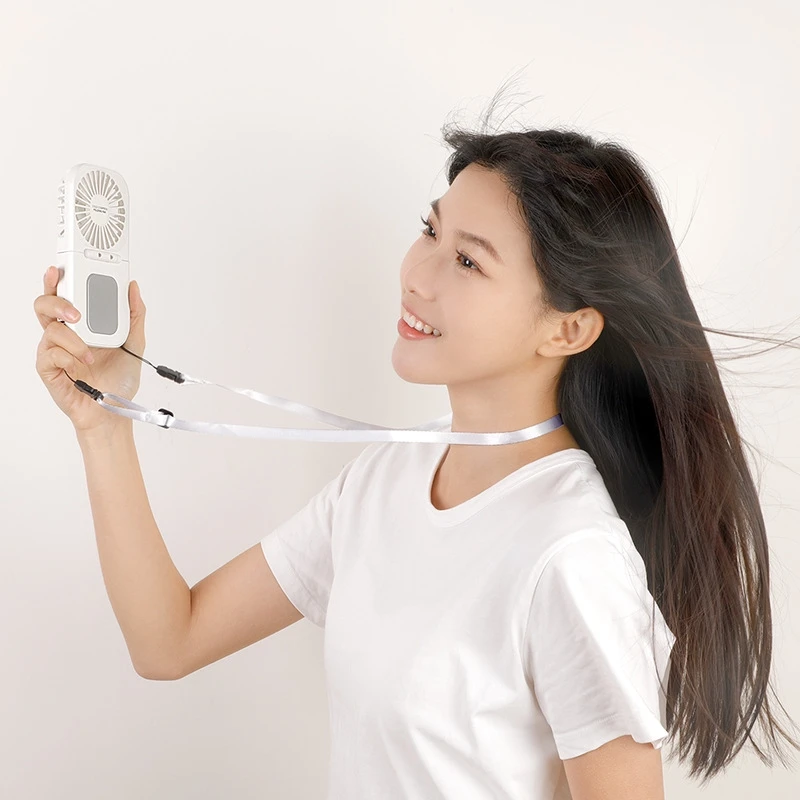 Portable Outdoor Handheld Fan Hanging Neck Fan Cold Compress Fan USB Rechargeable 2000mA Battery Powered 180° Folding Air Cooler