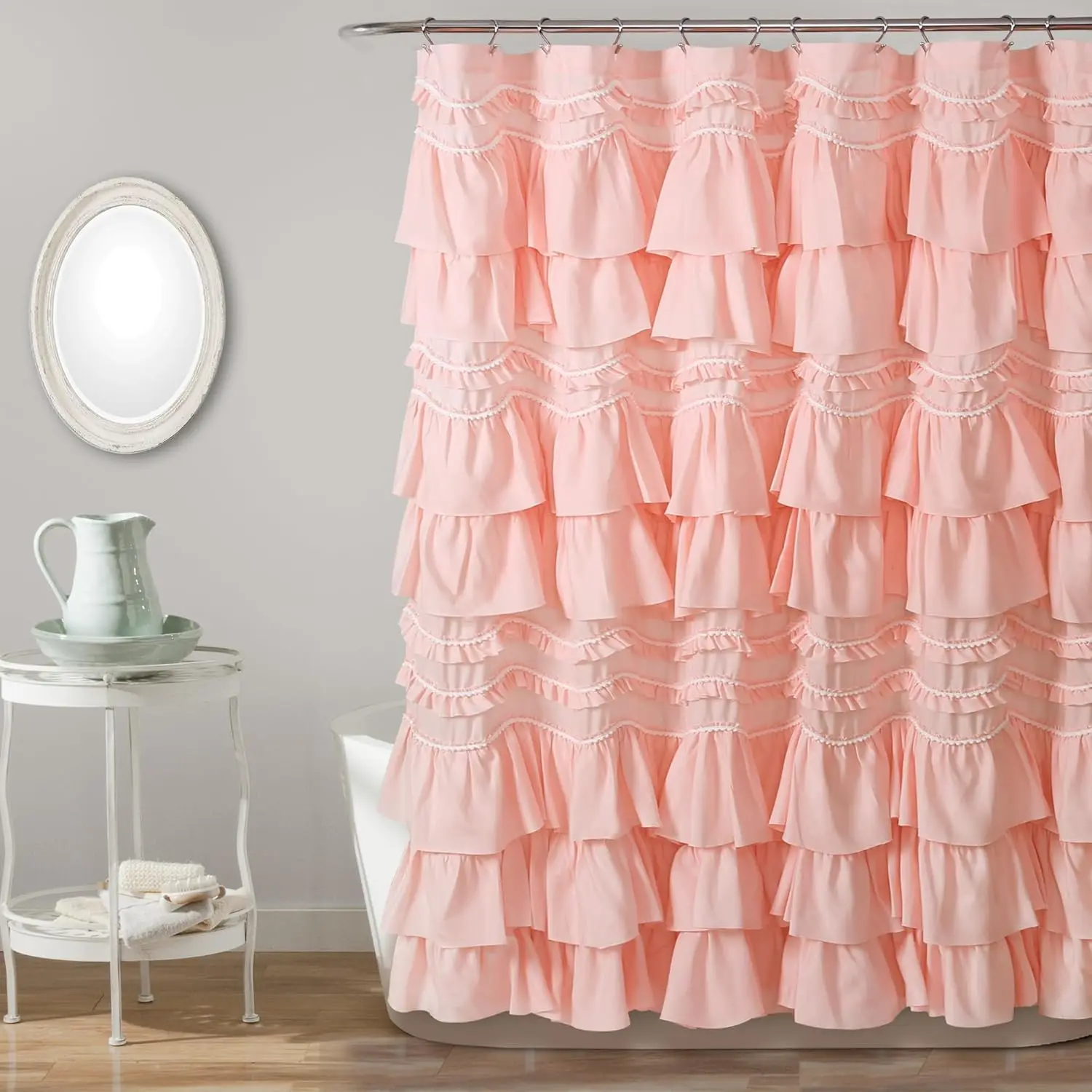 

Ruffled Shower Curtain with Pom Pom Trim, 72x72 Inches, Peachy Pink - Coquette Bathroom Decor for Parisian Chic Style