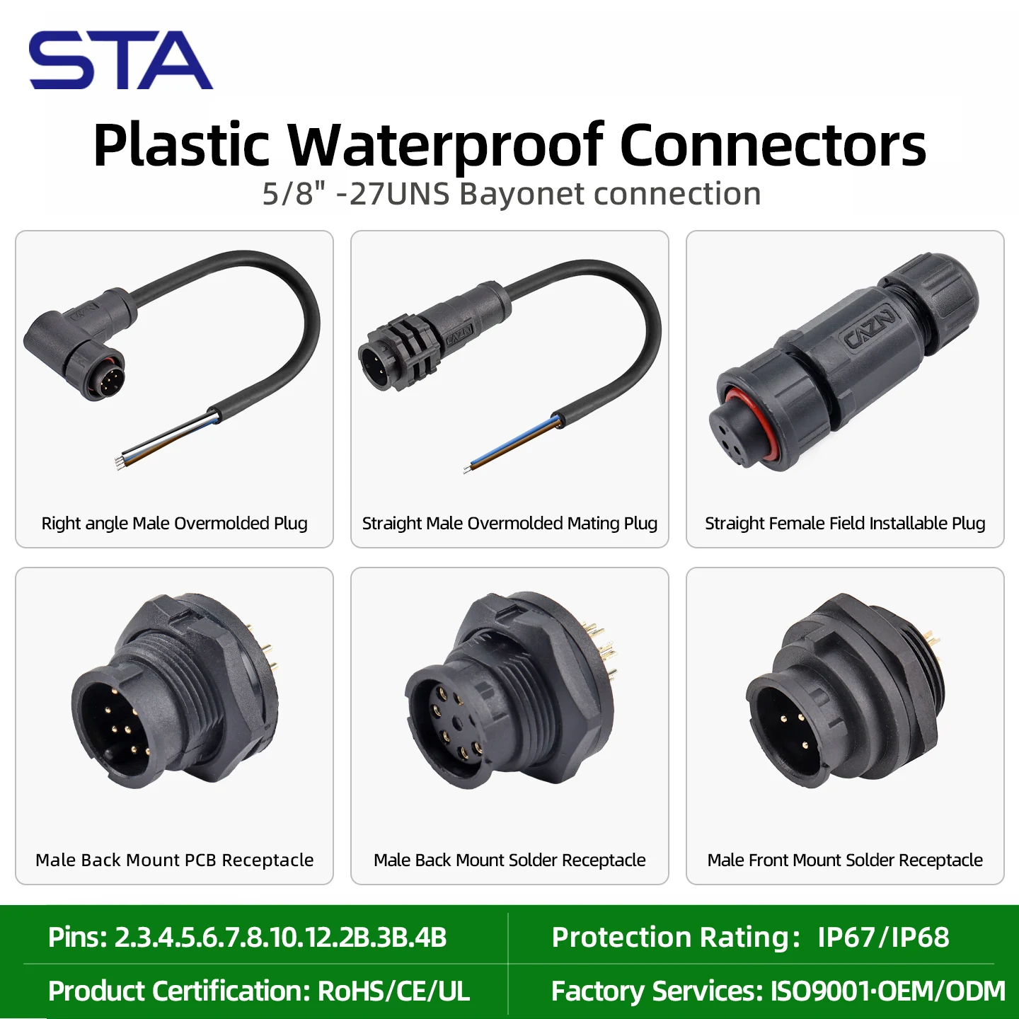 Custom IP68 Waterproof Connector 2 3 4 5 6 7 8 10 12pin Male Female Molded Cable Plug 10A Power Signal Aviation PCB Socket