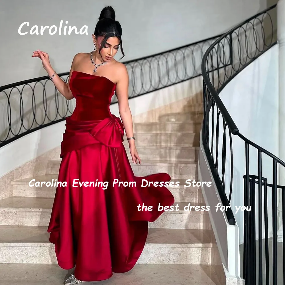 Carolina Red Strapless Women Evening Dress Velour and Satin Draped A-Line Floor-Length Customized Long Wedding Party Gowns