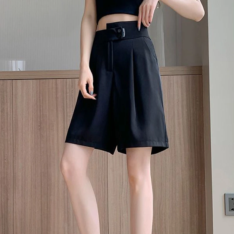 Summer New Korean High Waisted Thin Suit Shorts Women\'s Solid Zipper Button Pockets Loose Casual Fashion Simple Wide Leg Shorts