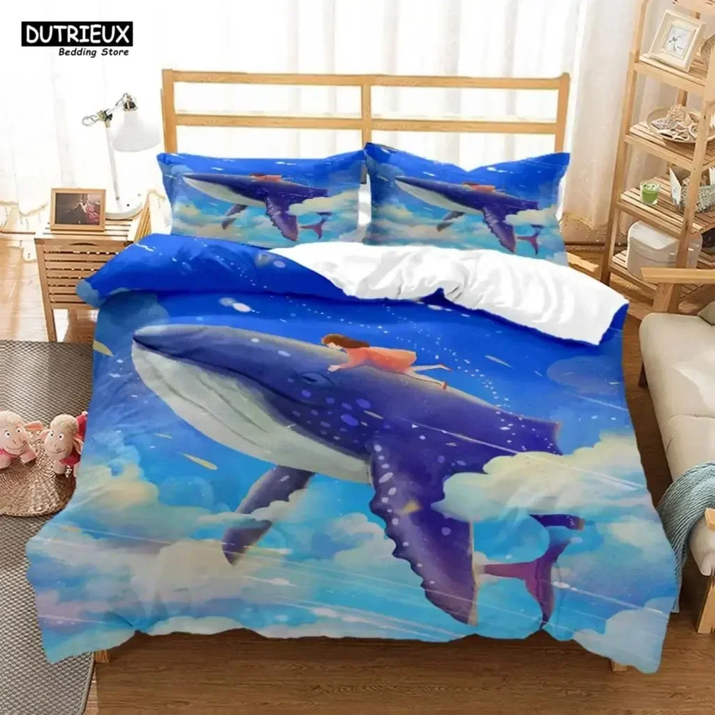 Whales And Girls Digital Print Polyester Bedding Sets Child Covers Bed Linen Set For Teens Bedding Set Blue And Pink Covers