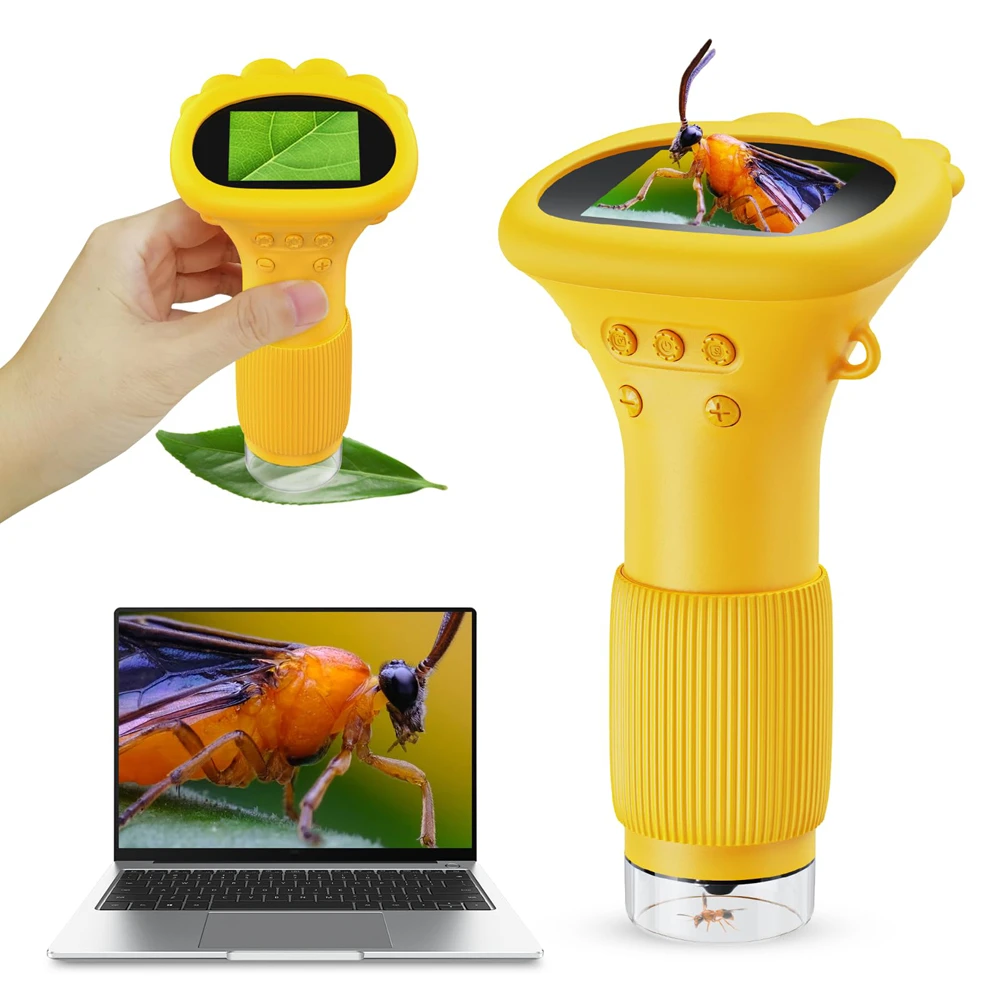 Microscope de poche portable avec grossissement 1000x, doté d'un écran HD de 2 pouces, rechargeable par USB et d'une caméra de 2 mégapixels, un jouet scientifique éducatif et divertissant pour les enfants.