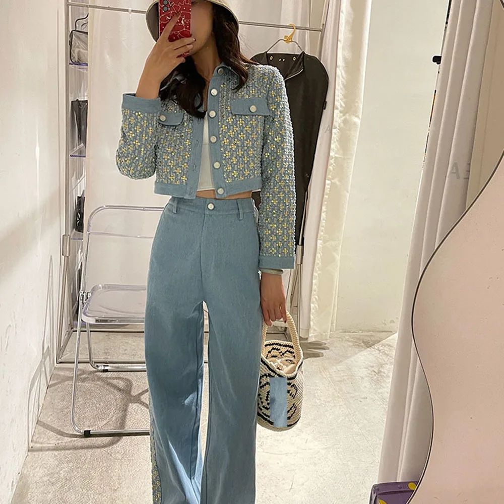 High Quality Small Fragrance Wind Spring Tweed Two Piece Set Women Crop Jackets Coat + Pants Suits Vintage Sequin 2 Piece Set