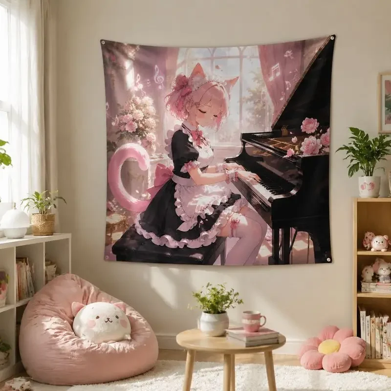 VIKAMA Pink Cat Maid Anime Tapestry, Kawaii Aesthetic Wall Hanging, Sweet Cafe Art Wall Decor Blanket for Girls Bedroom Dorm