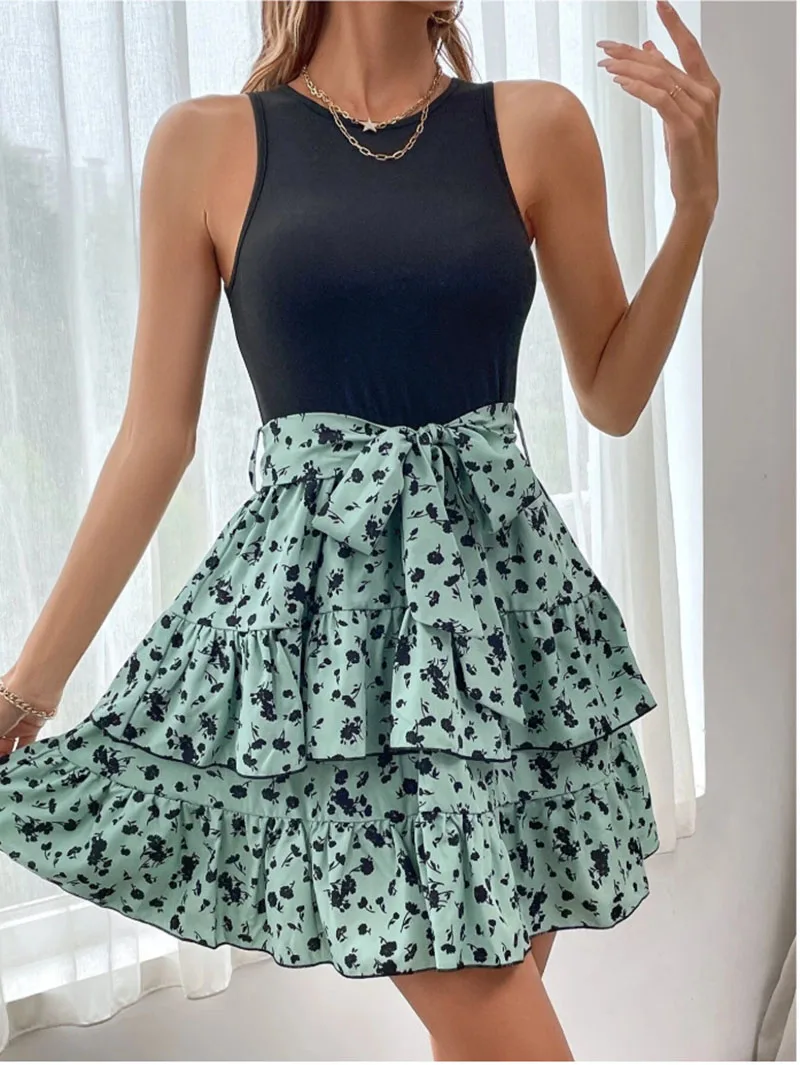 5 Solid Color Patchwork Polka Dot Tight Dress Women's Round Neck Sleeveless Vest Dress Summer Fashion Mini Dress Robe