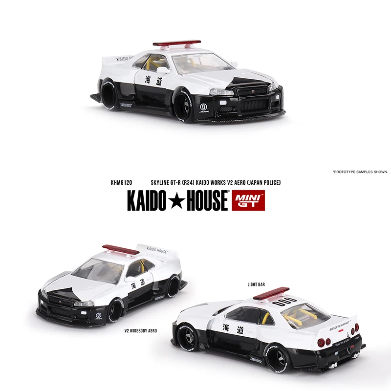 

MINIGT KHMG120 In Stock 1:64 Skyline GTR R34 V2 Aero Police Openable Hood Diecast Diorama Car Model Collection Kaido House