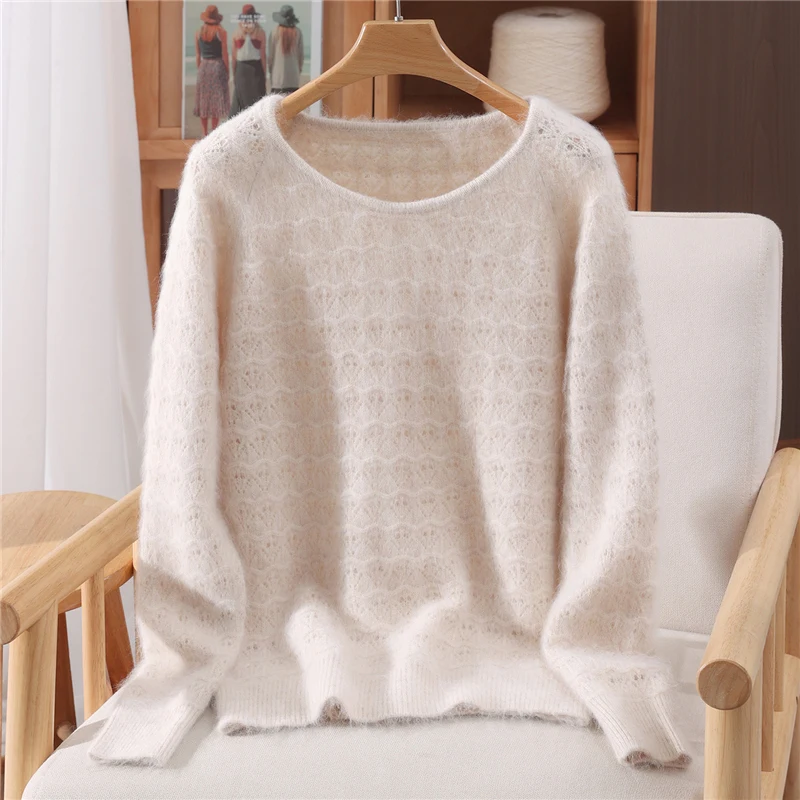 Hollow Out Chic O-Neck Sweater Women's Pullovers Basic Soft Warm 100% Mink Cashmere Pure Color Casual Loose Autumn Winter Tops