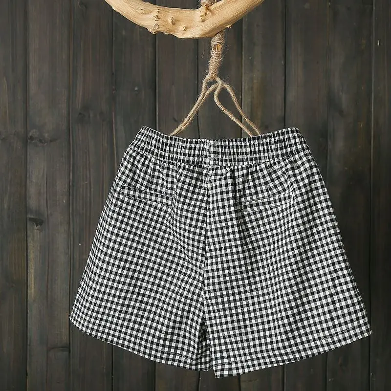 Elastic Waist Drawstring Plaid Loose Youth Vintage Shorts Summer Thin Simplicity Casual Hot Pants Fashion Trend Women Clothing