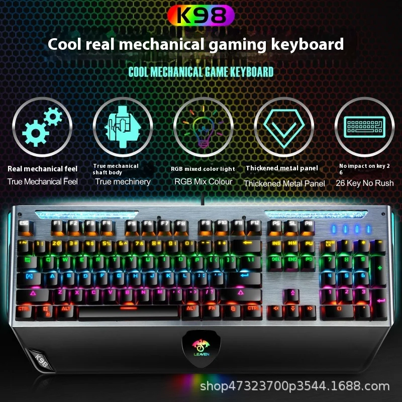 

LEAVEN Metal Mechanical Keyboard Wired Multi-Function Button Rainbow RGB Backlit USB Keyboard Gaming Desktop Pc With Bracket