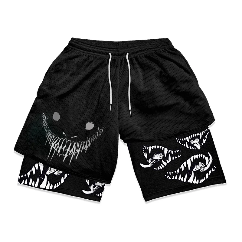 Mens 2 in 1 Running Shorts Anime Graphic Athletic Gym Workout Shorts with Compression Liner Pockets Summer Quick Dry Stretchy