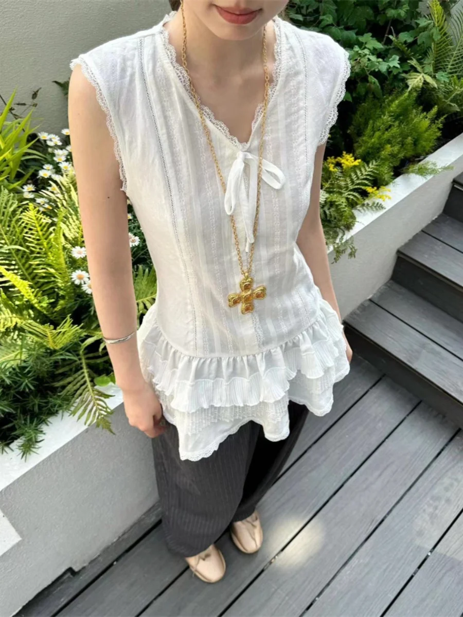 

Летний повседневный женский хлопковый жилет Dr Loose с вышивкой из водорастворимого кружева Pure Desire White Pumpkin, с V-образным вырезом