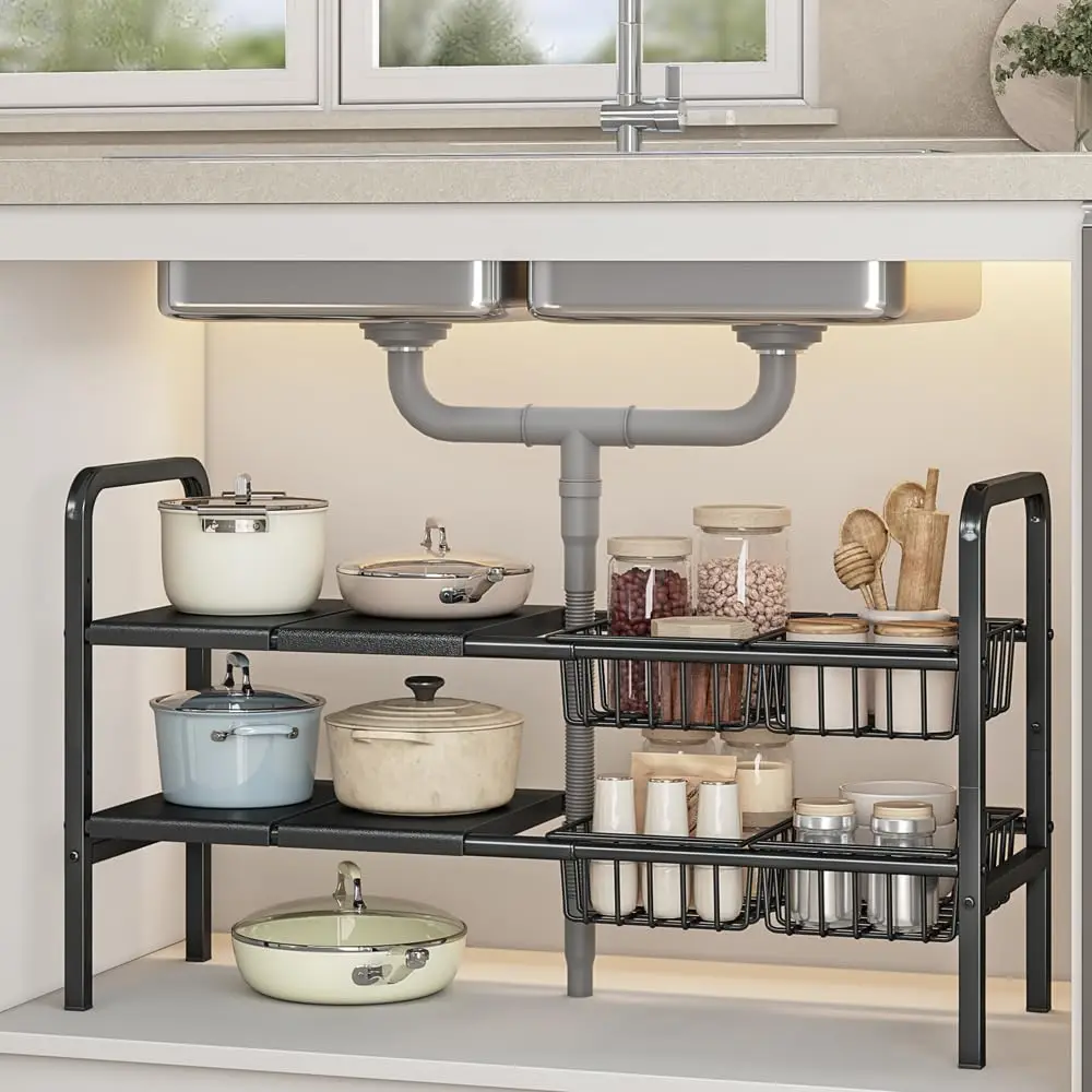 Adjustable 2-Tier Expandable Under Sink Organizer Rectangle Kitchen Storage Rack Bathroom Cabinet Shelf with 4 Removable Baskets Panels Multi-Purpose Space Saving Holder for Home Cloakroom